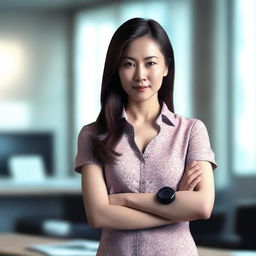 A digital art image of an Asian woman in an office setting