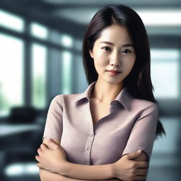 A digital art image of an Asian woman in an office setting