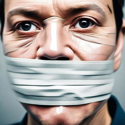 A high-quality digital art image showing a close-up of a person's face with their mouth covered by a piece of tape