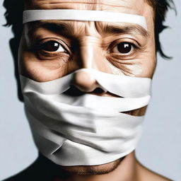 A high-quality digital art image showing a close-up of a person's face with their mouth covered by a piece of tape