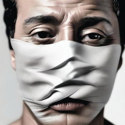 A high-quality digital art image showing a close-up of a person's face with their mouth covered by a piece of tape