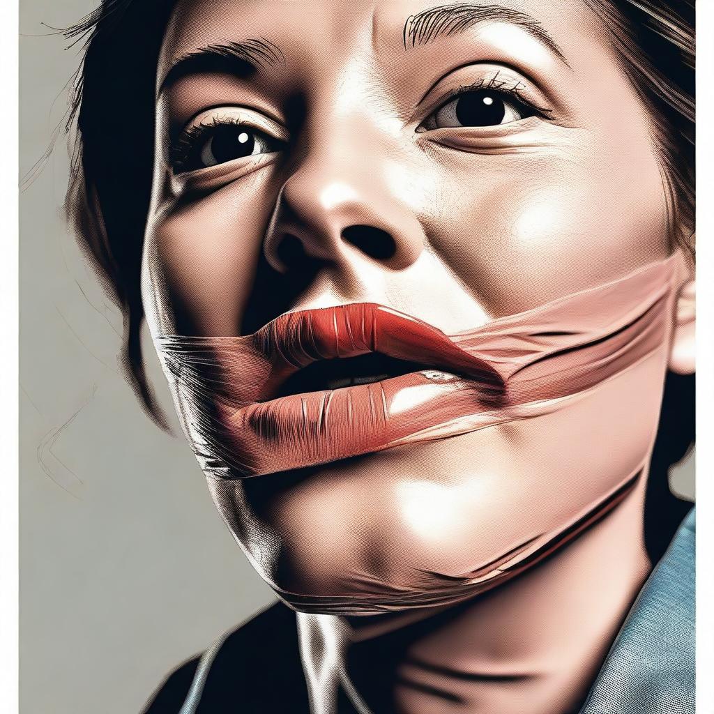 A high-quality digital art image portraying a close-up of a woman's face, her mouth securely covered by a piece of tape