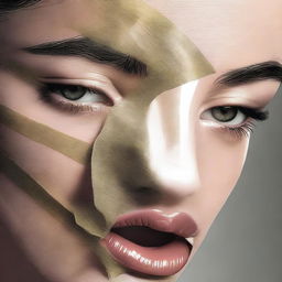 A high-quality digital art image portraying a close-up of a woman's face, her mouth securely covered by a piece of tape