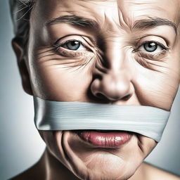 A high-quality digital art image portraying a close-up of a woman's face, her mouth securely covered by a piece of tape