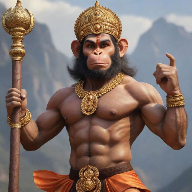 A realistic, highly detailed image of Lord Hanuman, the Hindu deity, depicted with his traditional attributes: a mace in one hand, a mountain in another, having a monkey face with a strong, muscular human body.