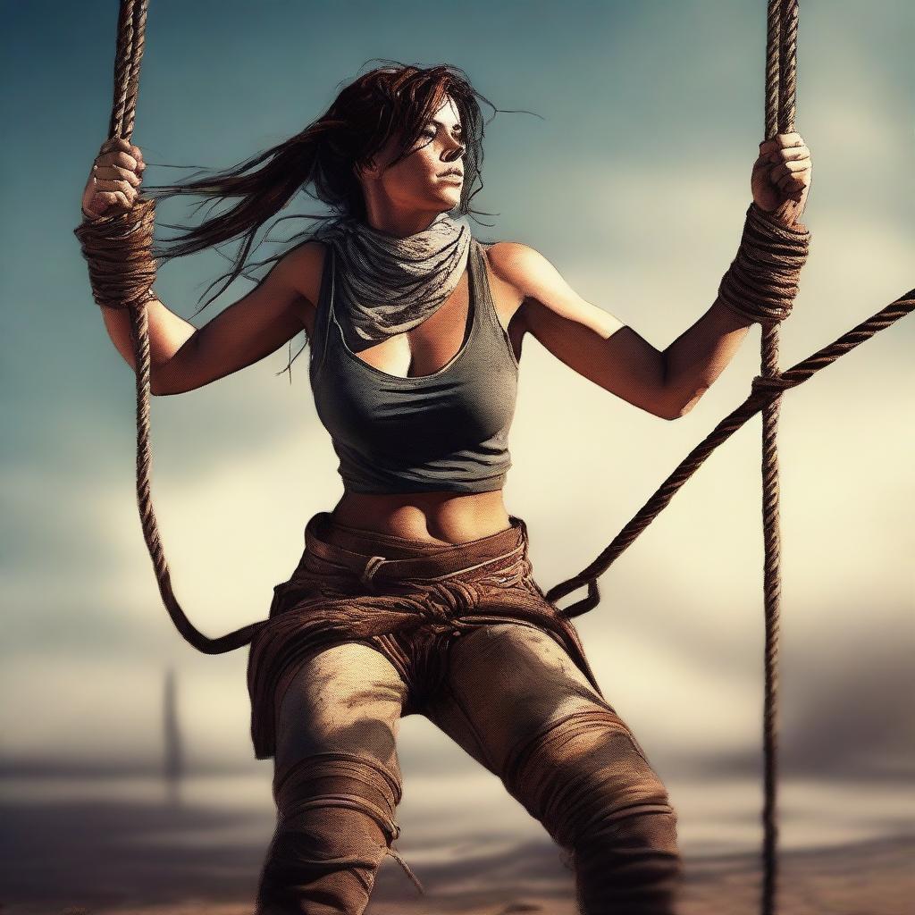 A high-quality digital art image depicting a woman in an action scene where she is tied up