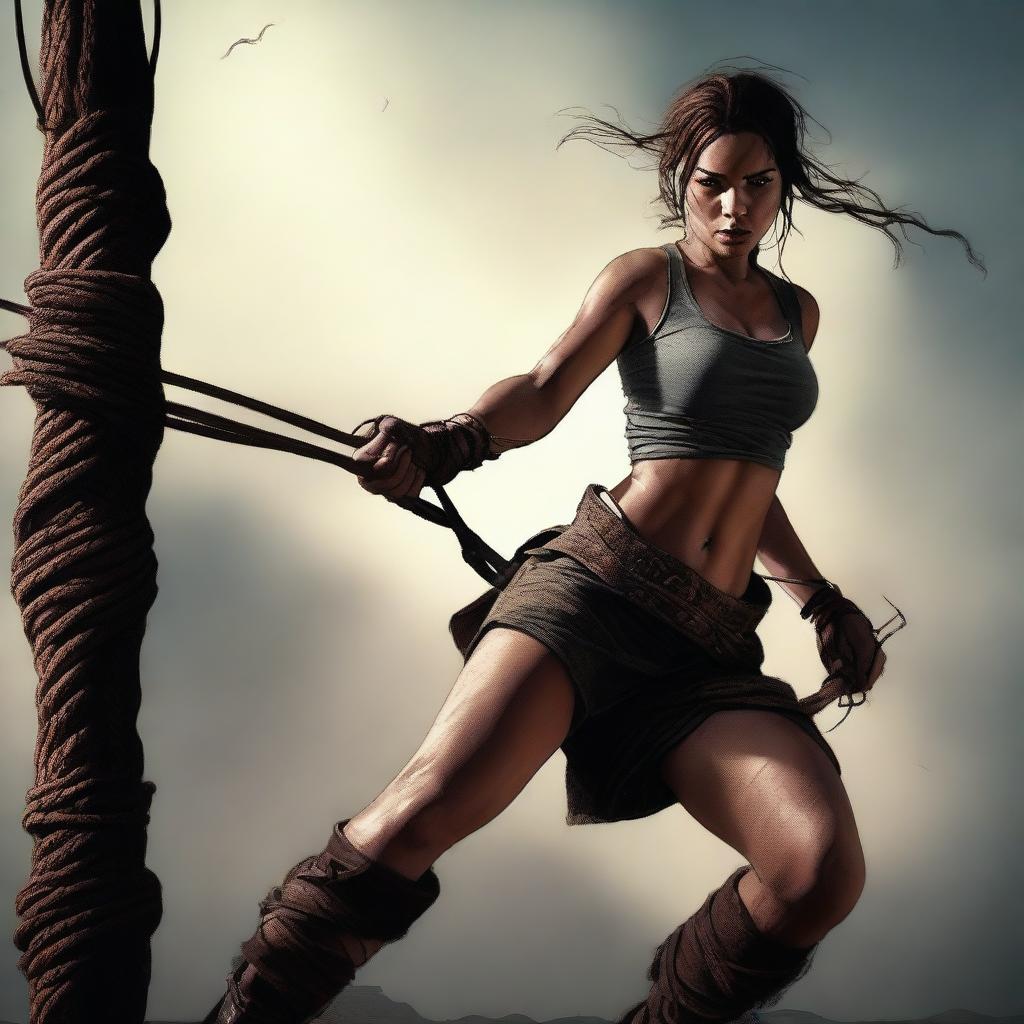 A high-quality digital art image depicting a woman in an action scene where she is tied up