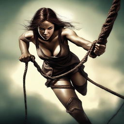 A high-quality digital art image depicting a woman in an action scene where she is tied up