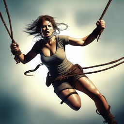 A high-quality digital art image depicting a woman in an action scene where she is tied up