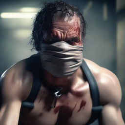 A high-quality digital art image illustrating an intense scene where a character is bound and gagged