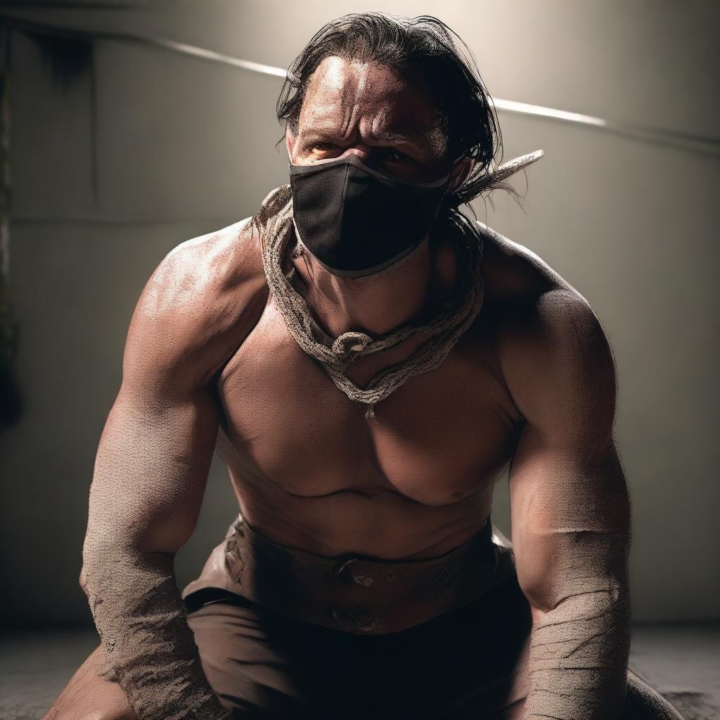 A high-quality digital art image illustrating an intense scene where a character is bound and gagged