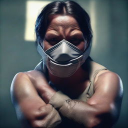 A high-quality digital art image illustrating an intense scene where a character is bound and gagged