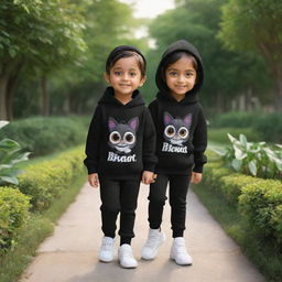 3D cartoon image of a cheerful boy and girl with large eyes, both donning vibrant black hoodies with 'Bharat' and 'Teena' inscribed in white. They are wearing stylish sneakers, bathed in a gentle light, set against the backdrop of a lush garden.