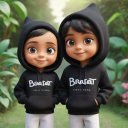 3D cartoon image of a cheerful boy and girl with large eyes, both donning vibrant black hoodies with 'Bharat' and 'Teena' inscribed in white. They are wearing stylish sneakers, bathed in a gentle light, set against the backdrop of a lush garden.