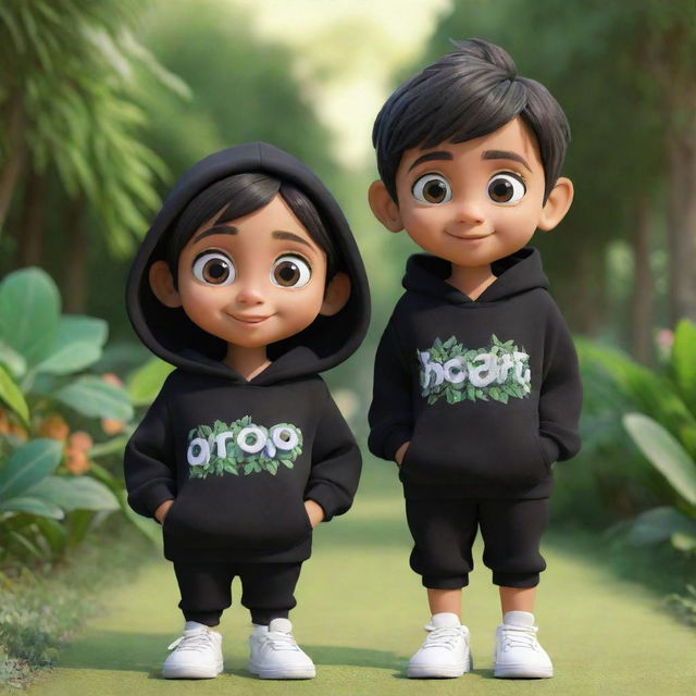 3D cartoon image of a cheerful boy and girl with large eyes, both donning vibrant black hoodies with 'Bharat' and 'Teena' inscribed in white. They are wearing stylish sneakers, bathed in a gentle light, set against the backdrop of a lush garden.