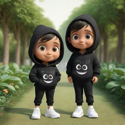 3D cartoon image of a cheerful boy and girl with large eyes, both donning vibrant black hoodies with 'Bharat' and 'Teena' inscribed in white. They are wearing stylish sneakers, bathed in a gentle light, set against the backdrop of a lush garden.