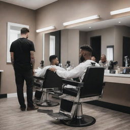 A stylish and modern barbershop with a person (assumed to be the user) sitting on the barber's chair, looking into a mirror, while the barber is preparing his tools nearby.