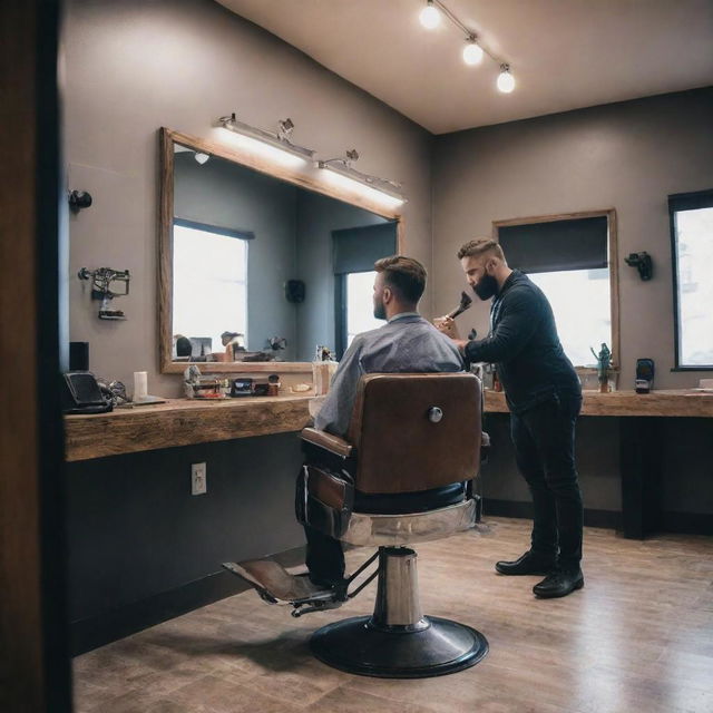 A stylish and modern barbershop with a person (assumed to be the user) sitting on the barber's chair, looking into a mirror, while the barber is preparing his tools nearby.