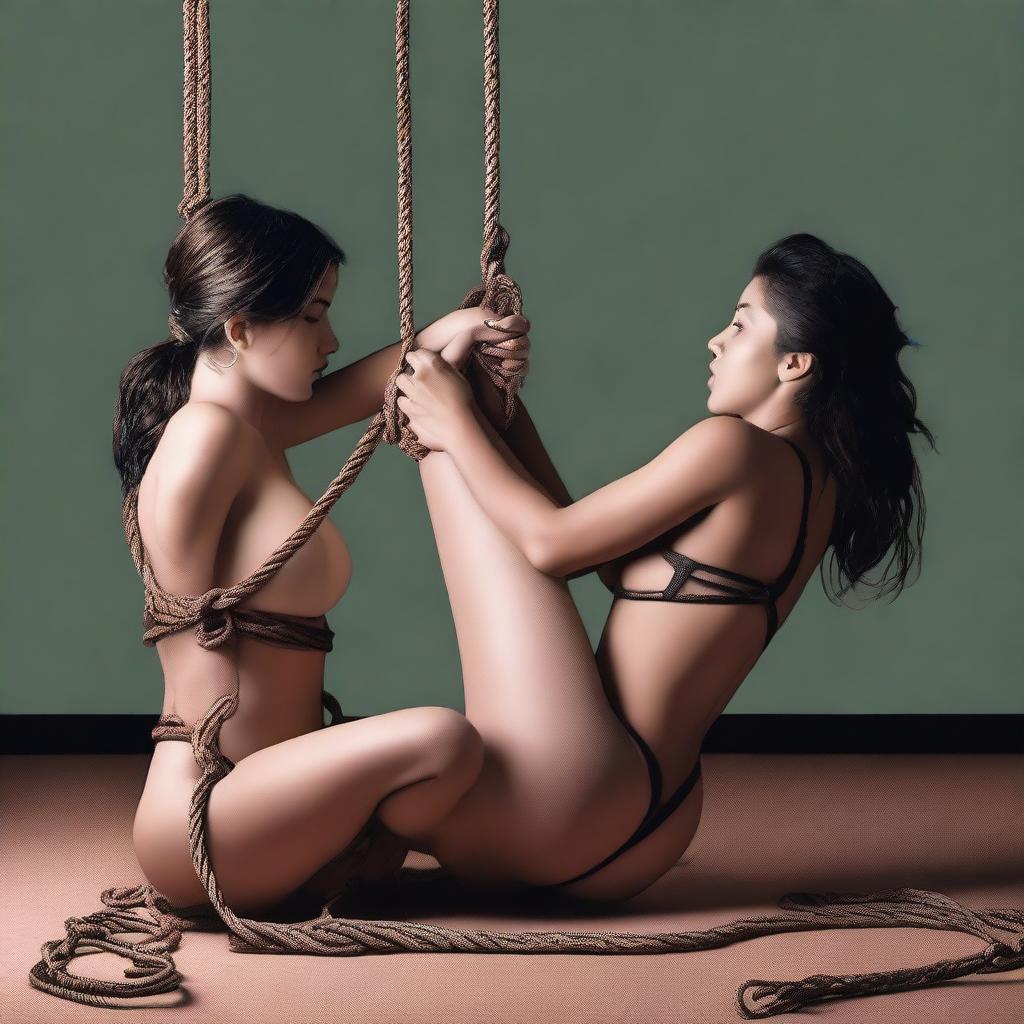 A high-quality digital art image featuring a scene with women practicing safe, consensual bondage