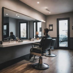 A stylish and modern barbershop with a person (assumed to be the user) sitting on the barber's chair, looking into a mirror, while the barber is preparing his tools nearby.