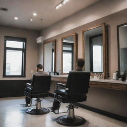 A stylish and modern barbershop with a person (assumed to be the user) sitting on the barber's chair, looking into a mirror, while the barber is preparing his tools nearby.