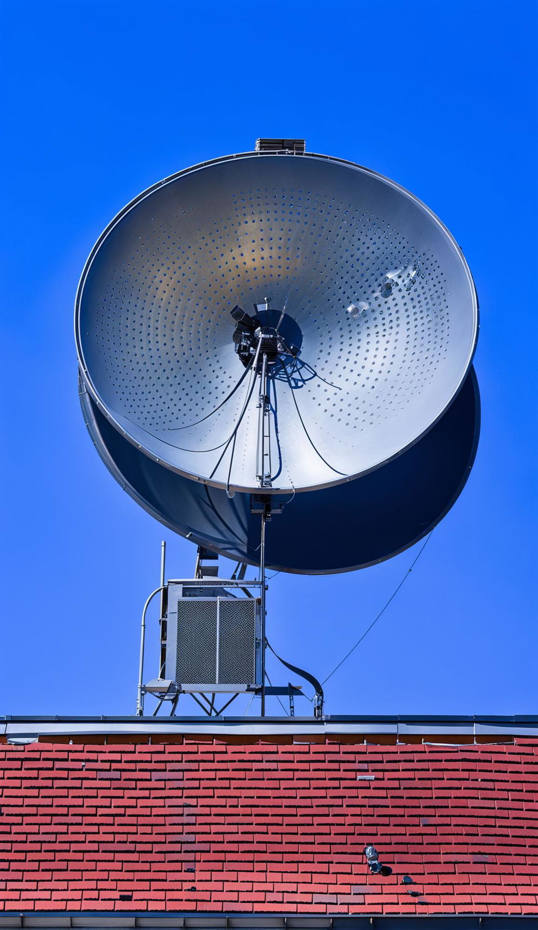 A large silver satellite dish sits atop a red brick building under a clear blue sky. 'Washington Dish Installation Services' is written in bold black letters on the side of the dish.