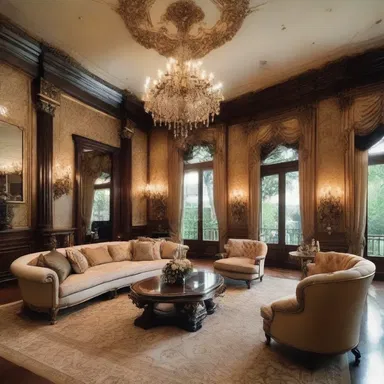 The opulent mansion's design elements, with lavish decor and extravagant furnishings, reflect a sense of licentiousness.