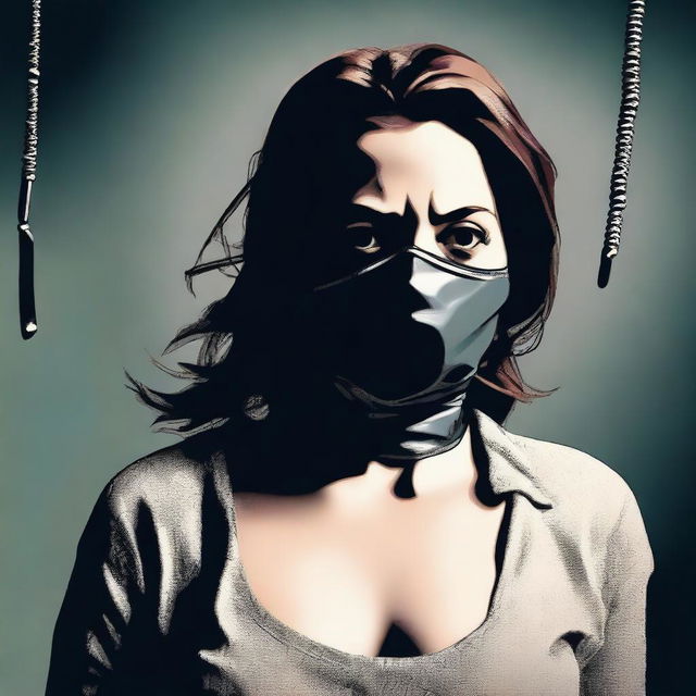 A high-quality digital art image featuring a suspenseful scene where a woman is gagged