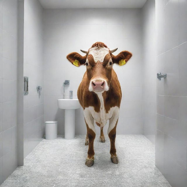 A humorous scene of a domesticated cow standing perplexedly within a modern, clean bathroom. The reflective tiles gleam off the odd scenario, creating a curious contrast.