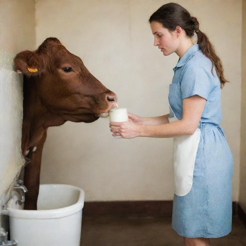 Update the scene to show a woman in farmer attire gently milking the cow in the bathroom. The woman has a look of concentration while the cow appears calm, adding a touch of irony to the peculiar setting.