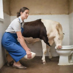 Update the scene to show a woman in farmer attire gently milking the cow in the bathroom. The woman has a look of concentration while the cow appears calm, adding a touch of irony to the peculiar setting.