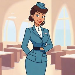 A high-quality cartoon image depicting a woman dressed in a stylish flight attendant uniform