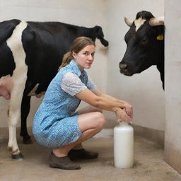 Update the scene to show a woman in farmer attire gently milking the cow in the bathroom. The woman has a look of concentration while the cow appears calm, adding a touch of irony to the peculiar setting.