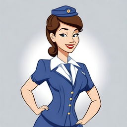 A high-quality cartoon image depicting a woman dressed in a stylish flight attendant uniform