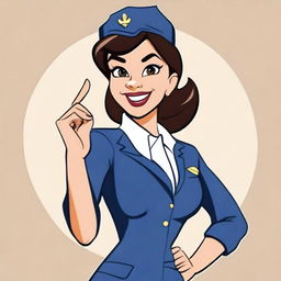 A high-quality cartoon image depicting a woman dressed in a stylish flight attendant uniform