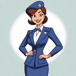 A high-quality cartoon image depicting a woman dressed in a stylish flight attendant uniform