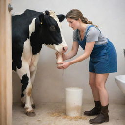 Update the scene to show a woman in farmer attire gently milking the cow in the bathroom. The woman has a look of concentration while the cow appears calm, adding a touch of irony to the peculiar setting.