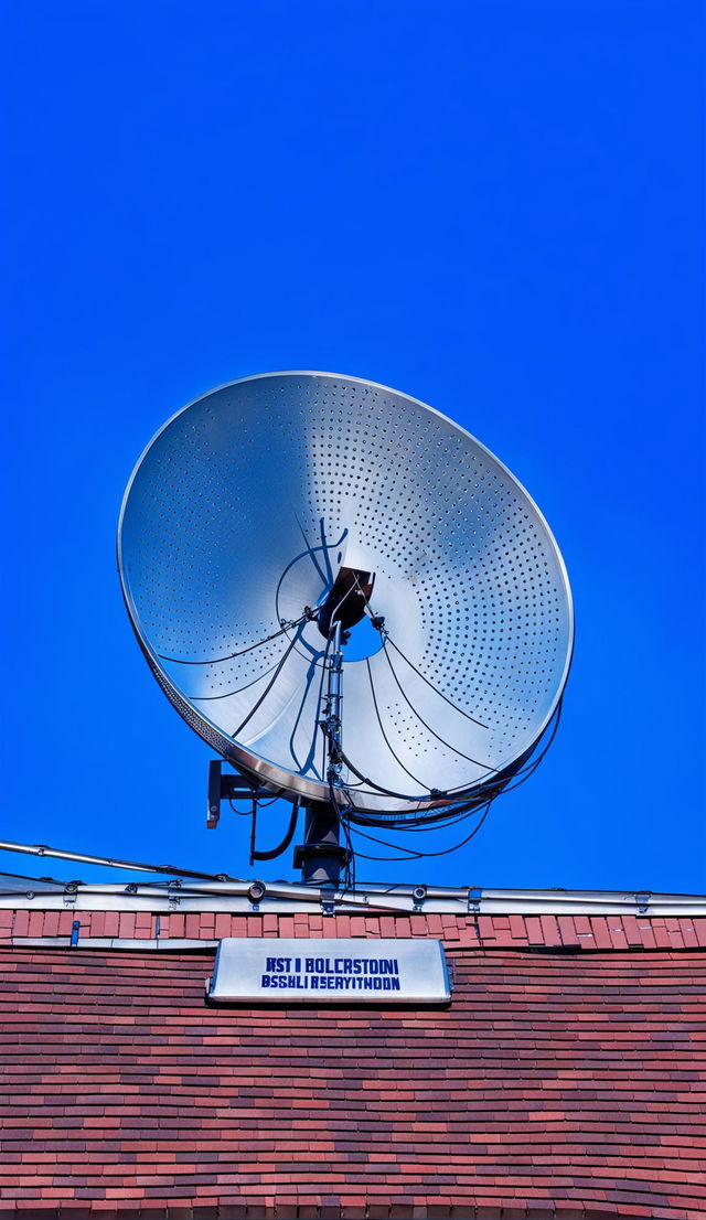 A silver satellite dish sits atop a red brick building under a clear blue sky. 'Washington Dish Installation Services' is written in bold black letters on the side of the dish.