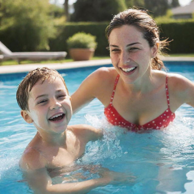 Update the image to depict the woman and her nephew happily splashing in a clear, sunny outdoor swimming pool. Their expressions reflect pure joy and love as they engage in the delightful activity together.