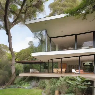 The modernist house featured a cantilevered balcony that extended out over the lush garden.