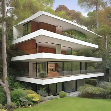 The modernist house featured a cantilevered balcony that extended out over the lush garden.