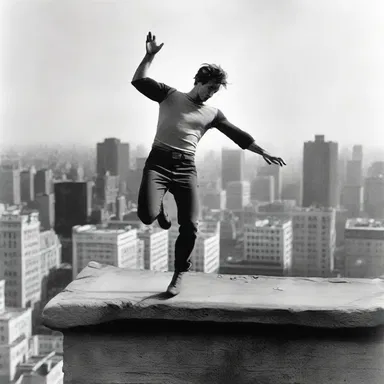 The action hero in the film jumped off the roof and cantilevered onto the ledge below.