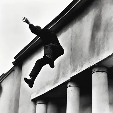 The action hero in the film jumped off the roof and cantilevered onto the ledge below.