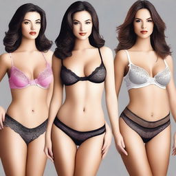 A tastefully done, high-quality digital art image featuring women in lingerie, showcasing various styles of bras and panties