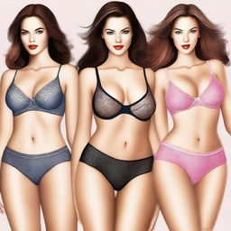 A tastefully done, high-quality digital art image featuring women in lingerie, showcasing various styles of bras and panties