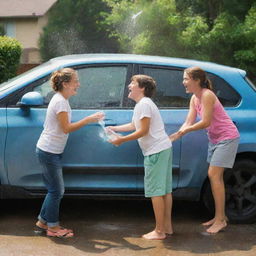 Revise the image to show the woman and her teenaged nephew enjoying an afternoon of washing a family car together. They laugh and banter, making a tedious task fun and memorable. The bubbles and water sprays add dynamic elements to this scene.