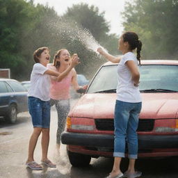 Revise the image to show the woman and her teenaged nephew enjoying an afternoon of washing a family car together. They laugh and banter, making a tedious task fun and memorable. The bubbles and water sprays add dynamic elements to this scene.