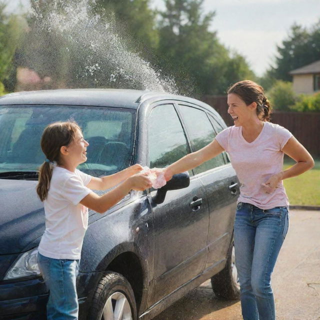 Revise the image to show the woman and her teenaged nephew enjoying an afternoon of washing a family car together. They laugh and banter, making a tedious task fun and memorable. The bubbles and water sprays add dynamic elements to this scene.