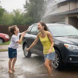 Revise the image to show the woman and her teenaged nephew enjoying an afternoon of washing a family car together. They laugh and banter, making a tedious task fun and memorable. The bubbles and water sprays add dynamic elements to this scene.