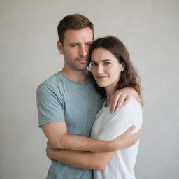 A loving couple standing together, the man gently holding his partner's waist, the woman is resting her head on man's shoulder. Both are wearing casual clothes, and having a serene expression on their faces.